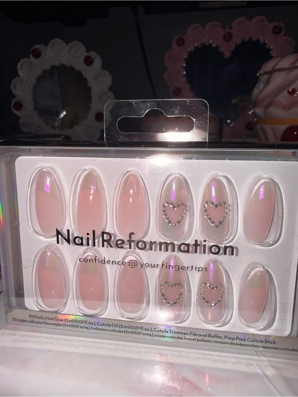 Nail Reformation Pink Iridescent Press-On Nails with Heart Rhinestones